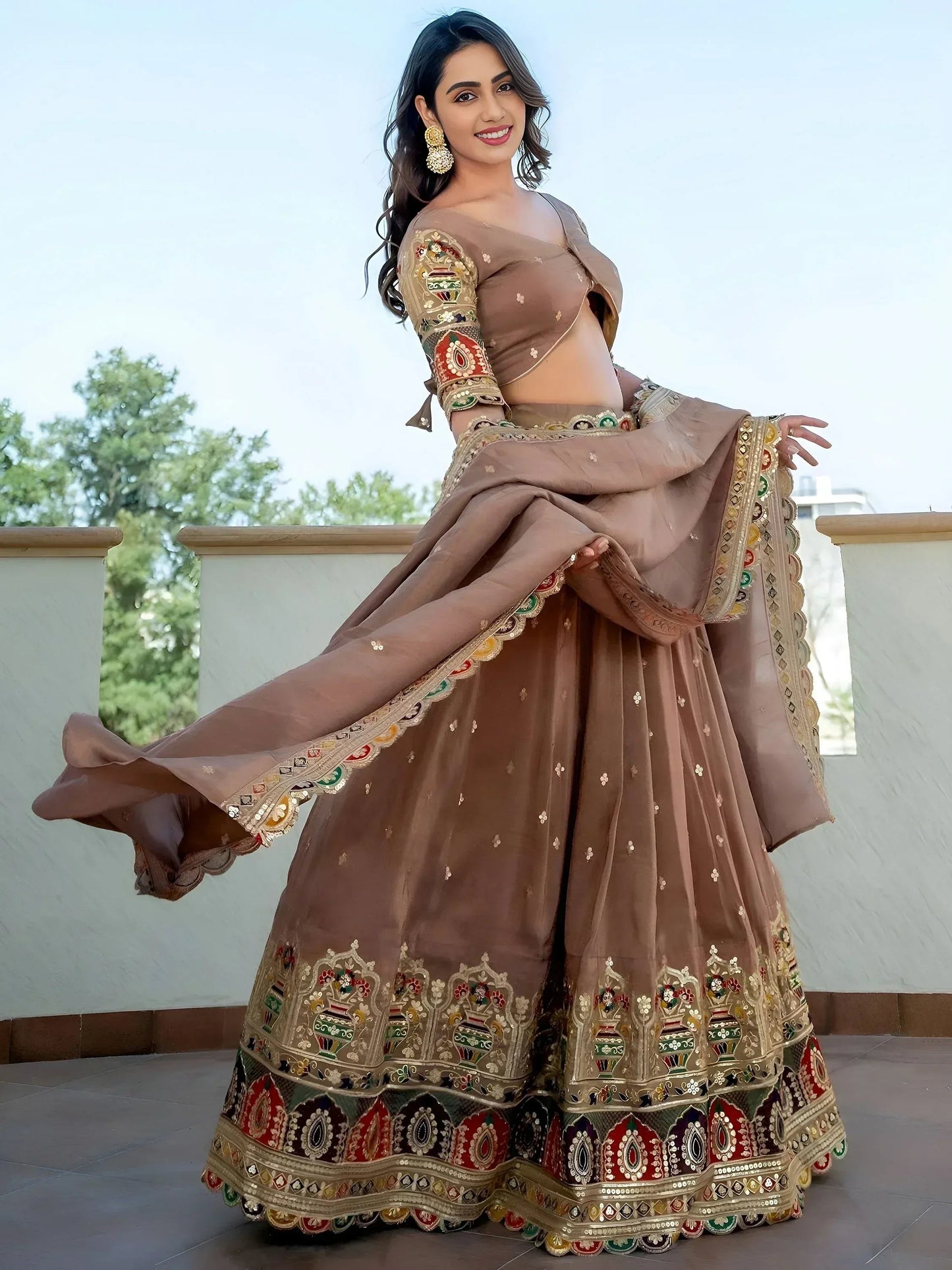 Tulsi Art Stunning Beige Silk Sequins Party Wear Lehenga Choli With Dupatta