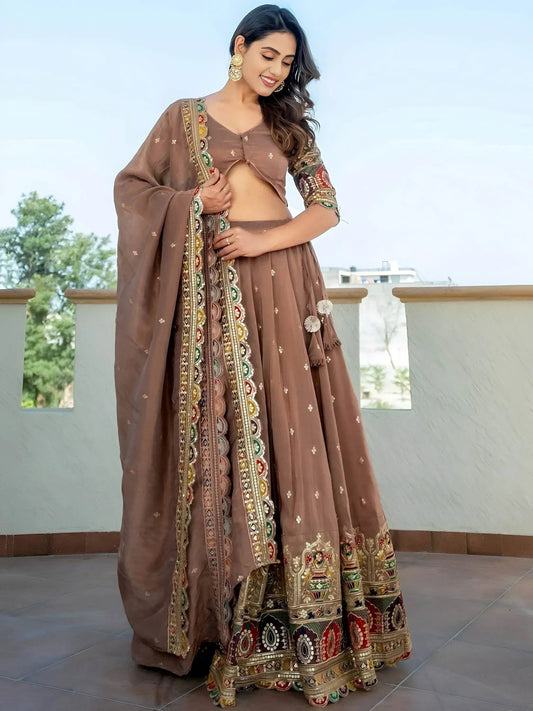 Tulsi Art Stunning Beige Silk Sequins Party Wear Lehenga Choli With Dupatta