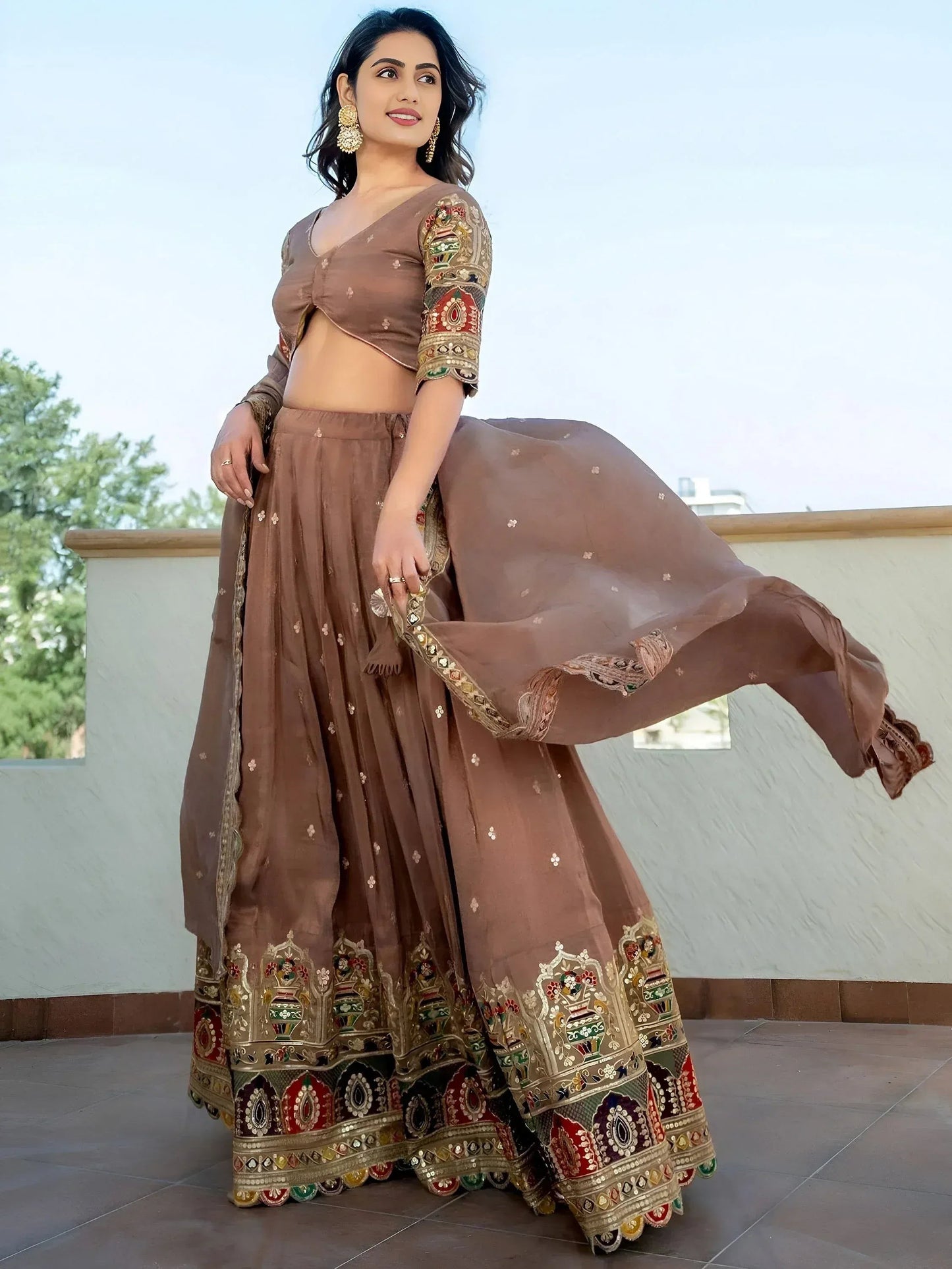 Tulsi Art Stunning Beige Silk Sequins Party Wear Lehenga Choli With Dupatta
