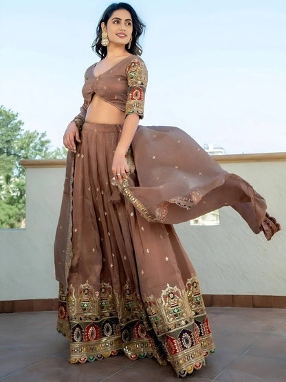 Tulsi Art Stunning Beige Silk Sequins Party Wear Lehenga Choli With Dupatta