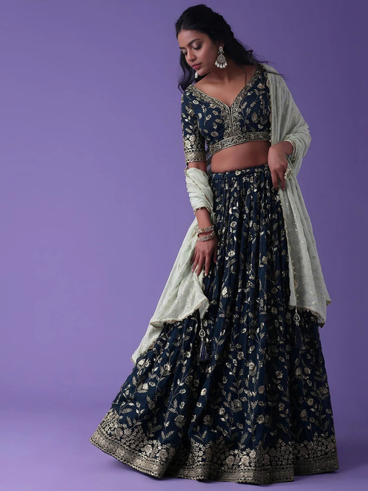 Tulsi Art Pretty Blue Dori Work Georgette Wedding Lehenga Choli With Dupatta