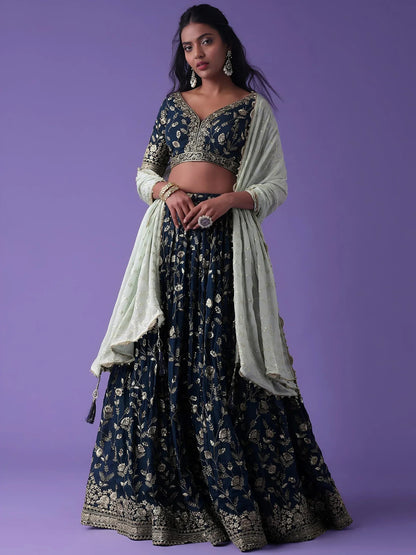 Tulsi Art Pretty Blue Dori Work Georgette Wedding Lehenga Choli With Dupatta