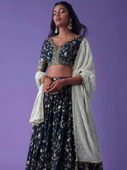 Tulsi Art Pretty Blue Dori Work Georgette Wedding Lehenga Choli With Dupatta