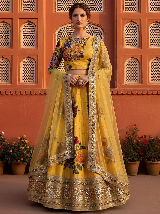Tulsi Art Beautiful Yellow Floral Printed Silk Festival Wear Lehenga Choli With Dupatta