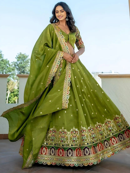 Tulsi Art Dazzling Green Thread Embroidered Silk Mehendi Wear Lehenga Choli