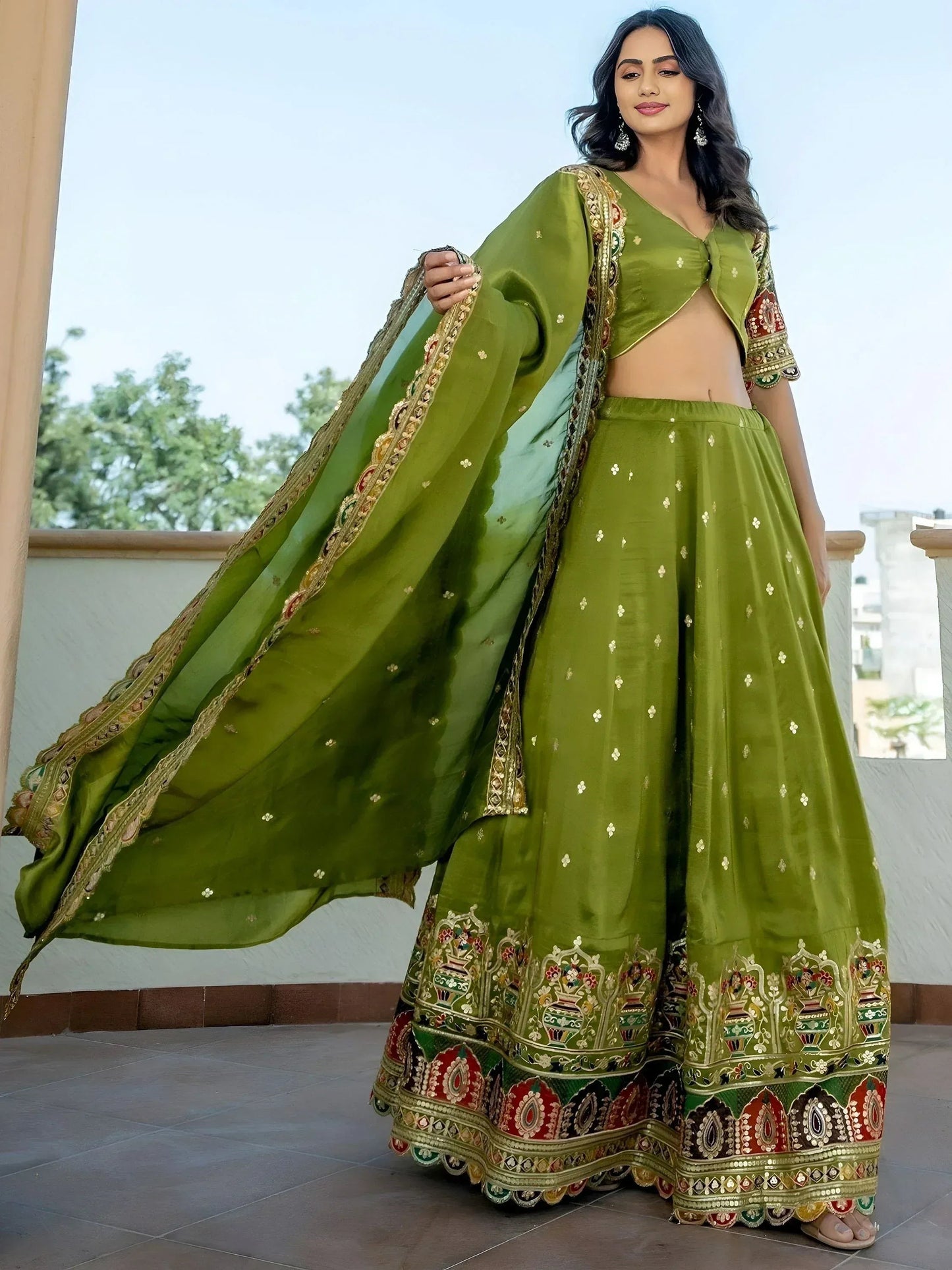 Tulsi Art Dazzling Green Thread Embroidered Silk Mehendi Wear Lehenga Choli