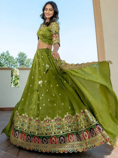 Tulsi Art Dazzling Green Thread Embroidered Silk Mehendi Wear Lehenga Choli