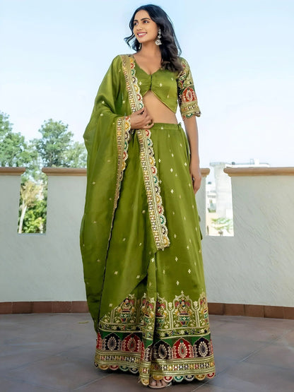 Tulsi Art Dazzling Green Thread Embroidered Silk Mehendi Wear Lehenga Choli