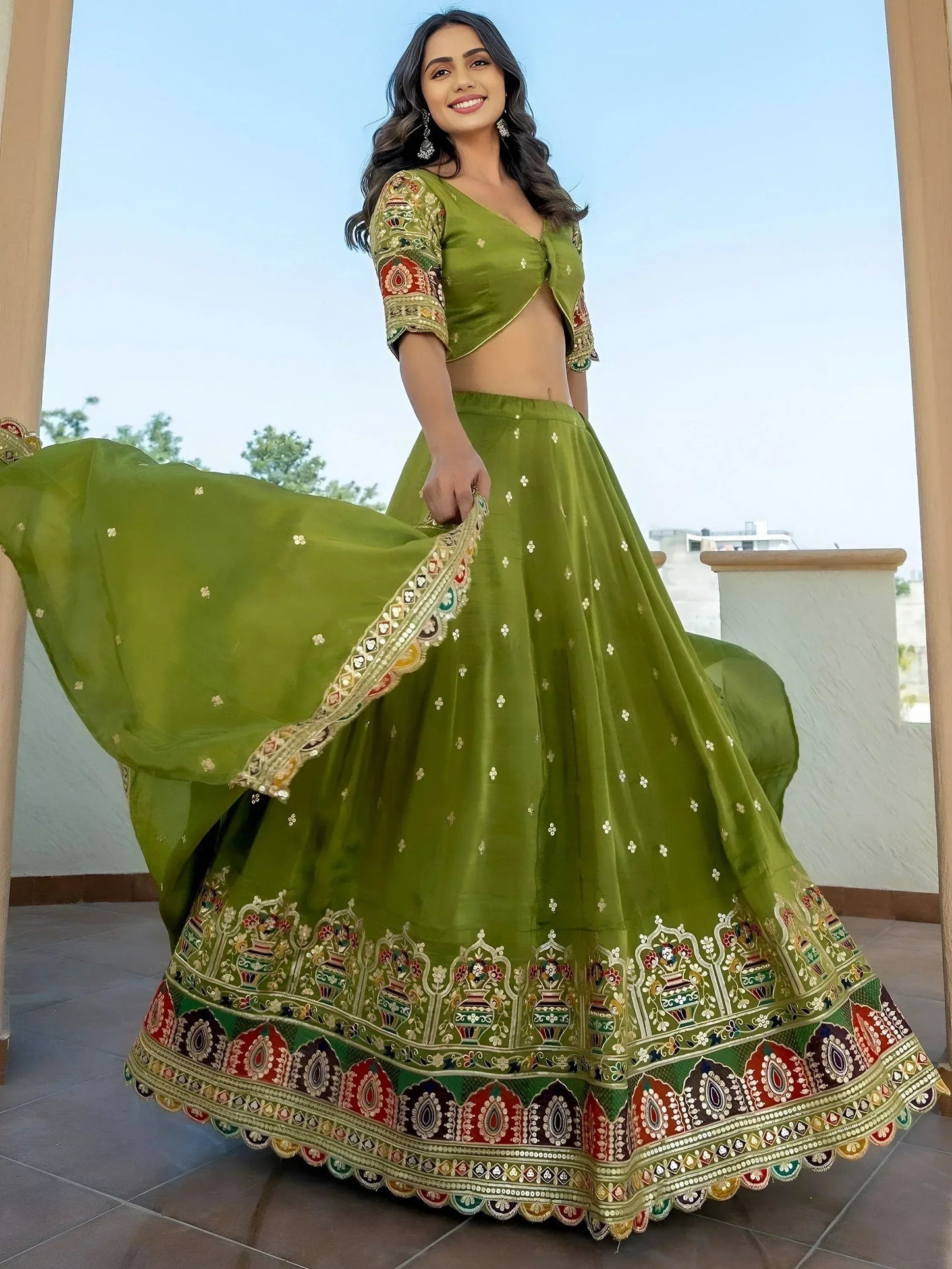 Tulsi Art Dazzling Green Thread Embroidered Silk Mehendi Wear Lehenga Choli