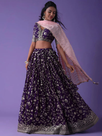 Tulsi Art Precious Purple Zari Embroidered Georgette Lehenga Choli With Dupatta
