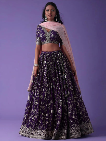 Tulsi Art Precious Purple Zari Embroidered Georgette Lehenga Choli With Dupatta