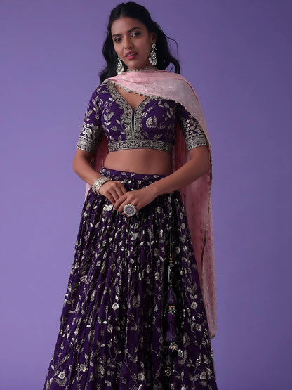 Tulsi Art Precious Purple Zari Embroidered Georgette Lehenga Choli With Dupatta