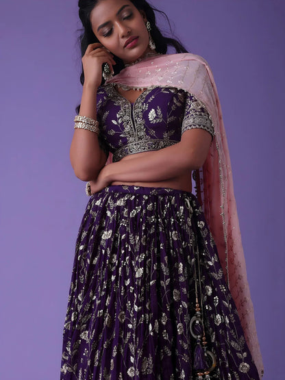 Tulsi Art Precious Purple Zari Embroidered Georgette Lehenga Choli With Dupatta