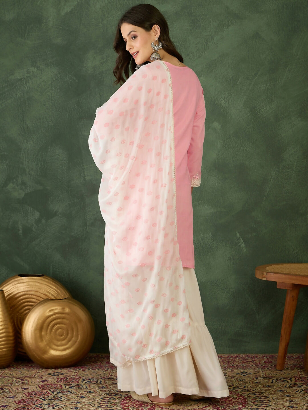 The52 Women's Gorgeous Embroidery Work Cotton Satin Fabric Straight Kurta Sharara and Dupatta Set-Peach