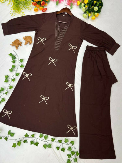Teeya Creation Women New Trendy Chocolate Brown Embroidered Cotton Kurta with Palazzos