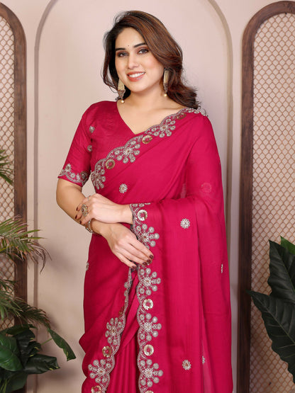 Teeya Creation New Trendy Party Wear Soft Satin Chiffon Saree-Pink