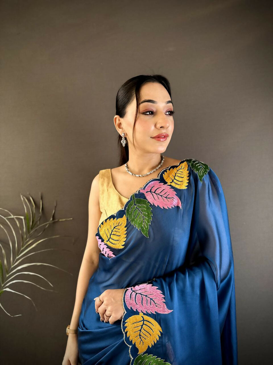 Prime Volt Multicolor Leaf Embroidery Rangoli Silk Saree with Scalloped Border-Blue