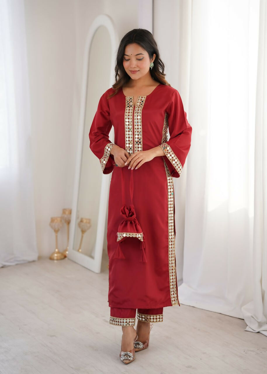 Teeya Creation Womens New Trending Maroon Color Natural Crepe With Real Mirror Lace Work Kurta Set
