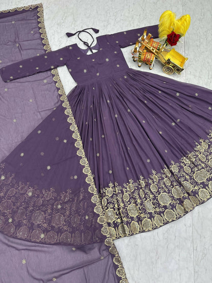 Teeya Creation Womens Wedding Wear Heavy Sequence Embroidery Work Purple Gown Set
