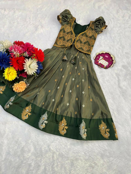 Teeya Creation New Trendy Girls Sage Green Silk Traditional Lehenga Choli Set-Green