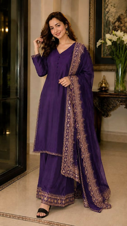 Teeya Creation New Latest Stylish Classic Jambli Festive Kurta Set with Gold Zari Border Palazzo and Dupatta