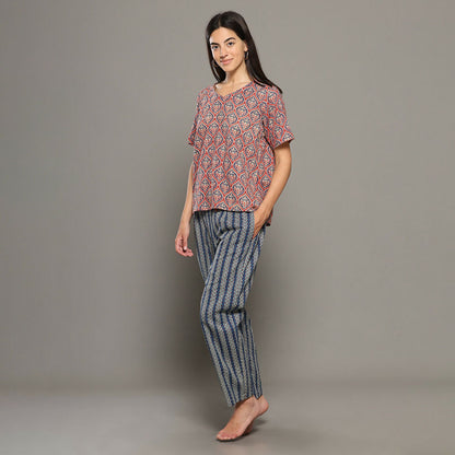 Breathables Women Cotton Printed Loungewear Kurta And Pants Co-Ord Set Pink & Navy I Nightwear