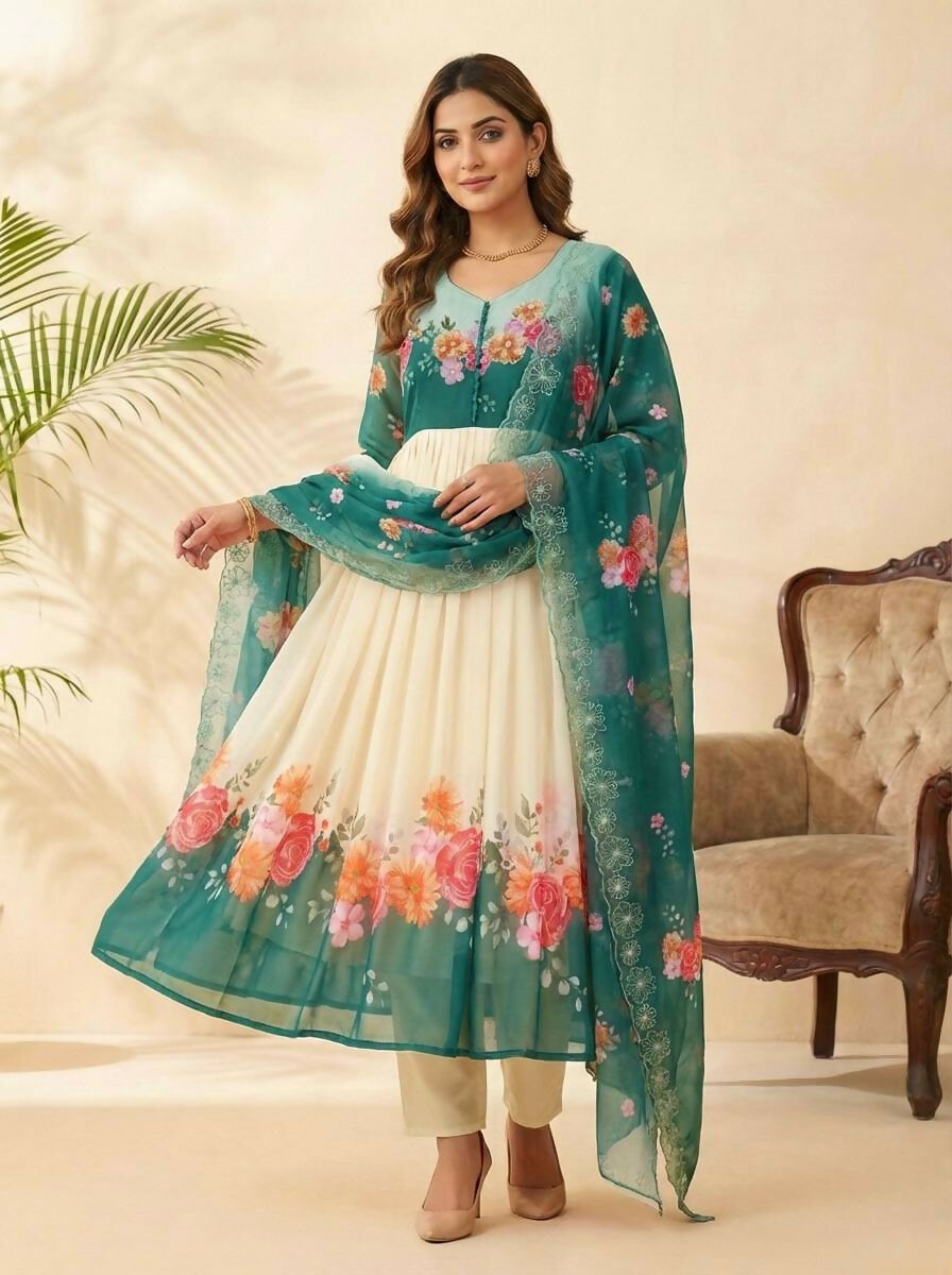 Teeya Creation Womens New Fancy Fox Georgette Heavy Quality Fabric With Handwork Teal Gown Set