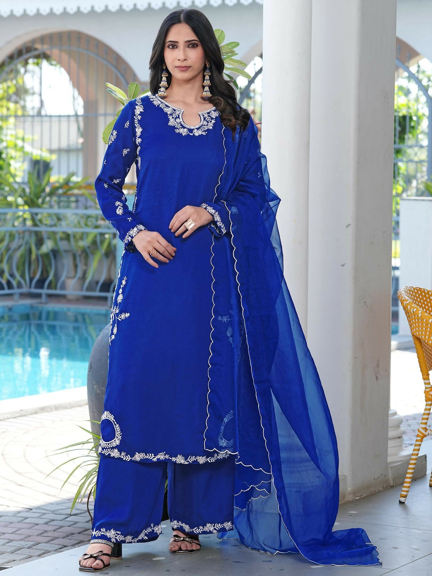 Nikhaar Royal Blue Embroidered Modal Silk Stitched Straight Cut Kurta Culottes Dupatta Readymade Suit