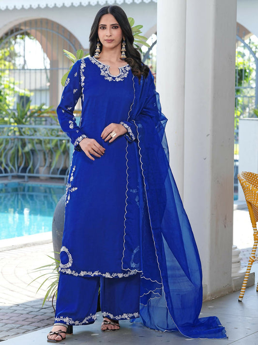Nikhaar Royal Blue Embroidered Modal Silk Stitched Straight Cut Kurta Culottes Dupatta Readymade Suit