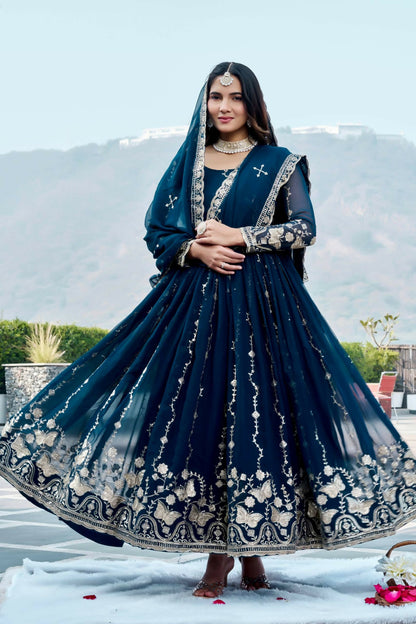 Teeya Creation Womens New Trendy Heavy Cording Sequence & Beads Embroidery Work Teal Gown Set