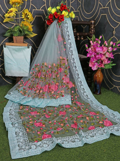 Teeya Creation Womens Latest Stylish Party Wear Soft Net Saree-Blue
