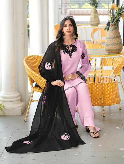 Nikhaar Light Pink Embroidered Organza Stitched Straight Cut Kurta Farshi Salwar Dupatta Readymade Suit
