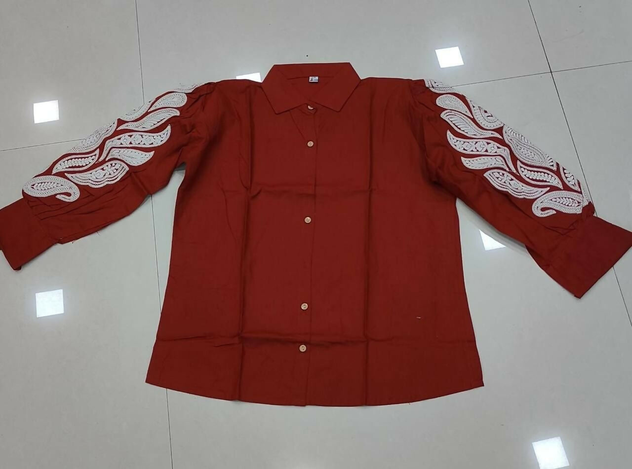 Teeya Creation Women Trendy Rust Cotton Button-Down Top with White Contrast Embroidered Sleeves
