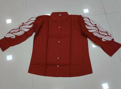 Teeya Creation Women Trendy Rust Cotton Button-Down Top with White Contrast Embroidered Sleeves