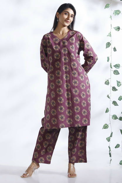 Breathables Wine Butta Print Cotton Kurta & Pants Set