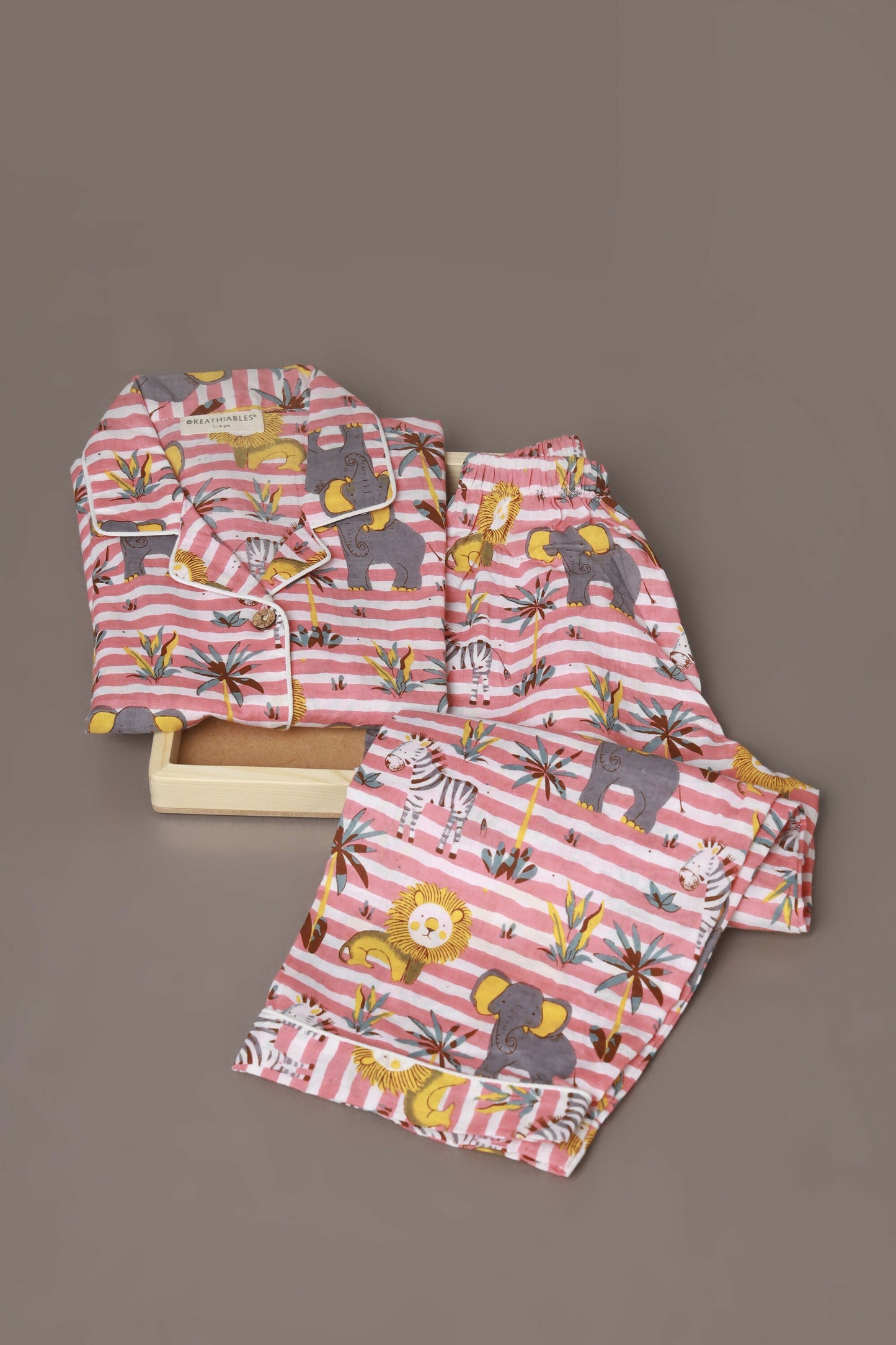Breathables Kids Cotton Night Suit  Red & White Jungle Stripe Shirt & Pyjama Co-Ord Set For Boys & Girls