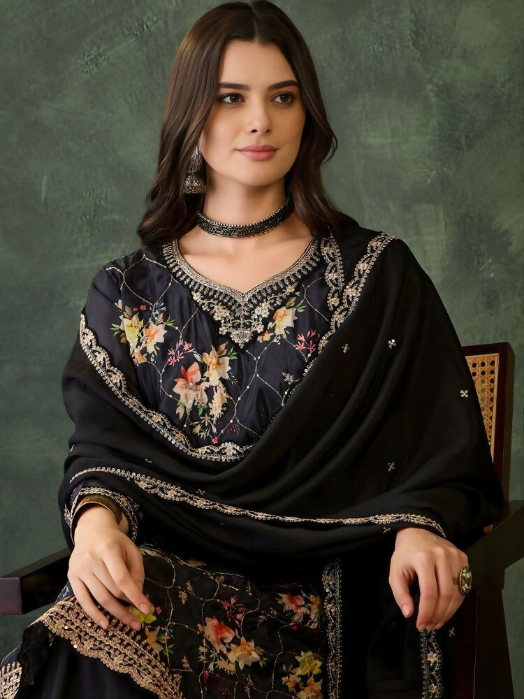 The52 Women's Gorgeous Embroidery Chinon Fabric Straight Kurta Palazzo and Dupatta Set