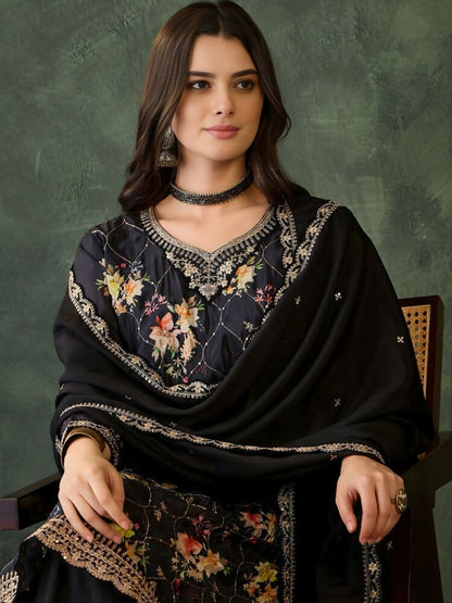 The52 Women's Gorgeous Embroidery Chinon Fabric Straight Kurta Palazzo and Dupatta Set