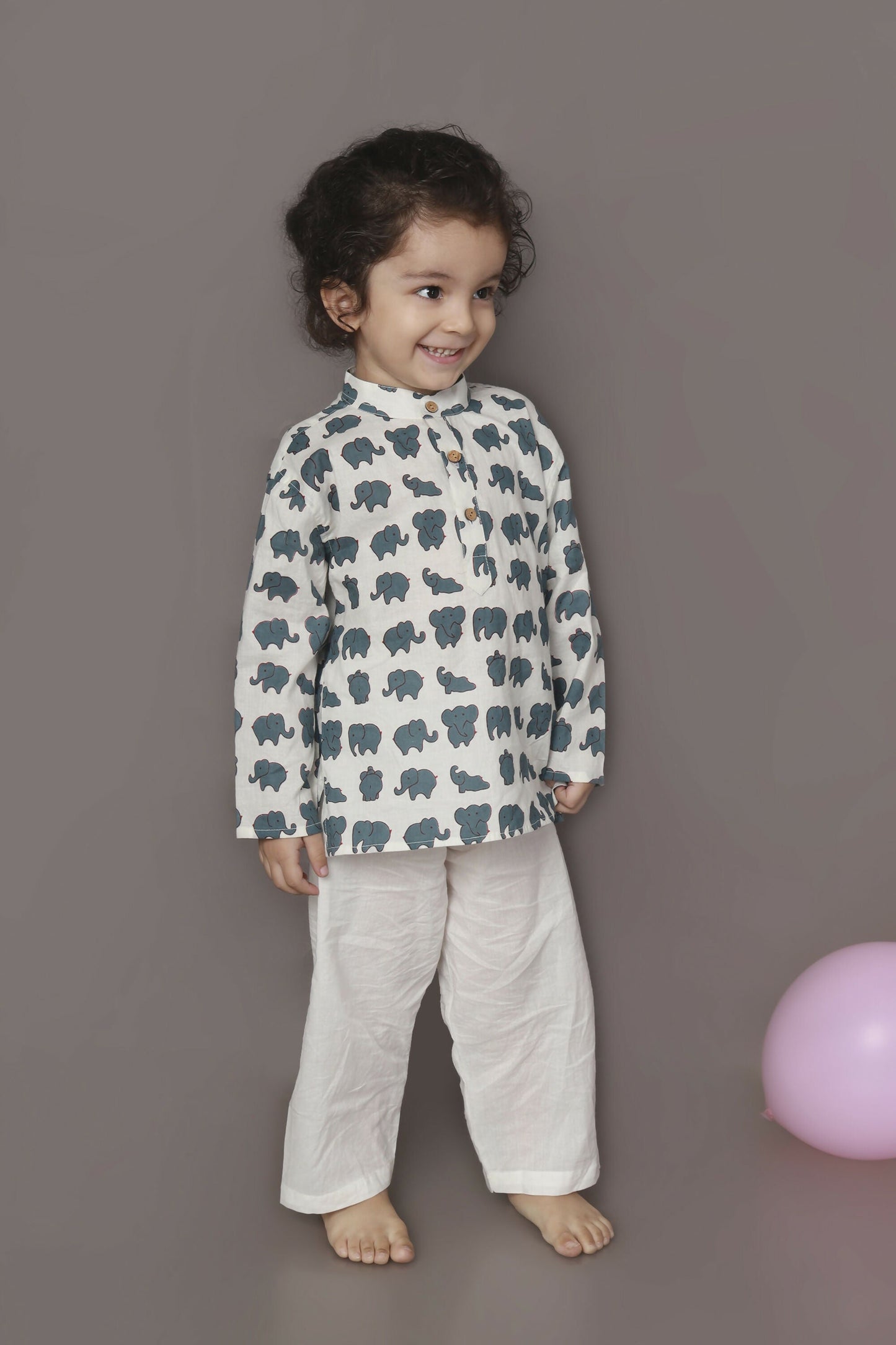 Breathables Kids Cotton Night Suit  White Elephant Print Kurta & Pyjama Co-Ord Set For Boys & Girls