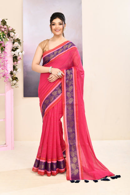 Piyari Fashion Women's Rani Pink Embellished Zari Border Cotton Saree