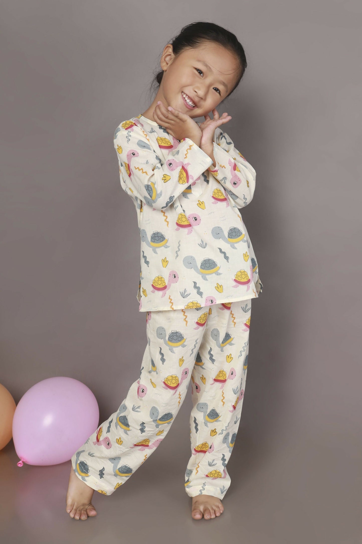 Breathables Kids Cotton Turtle Print Co-Ord Night Suit  White & Multi-Color
