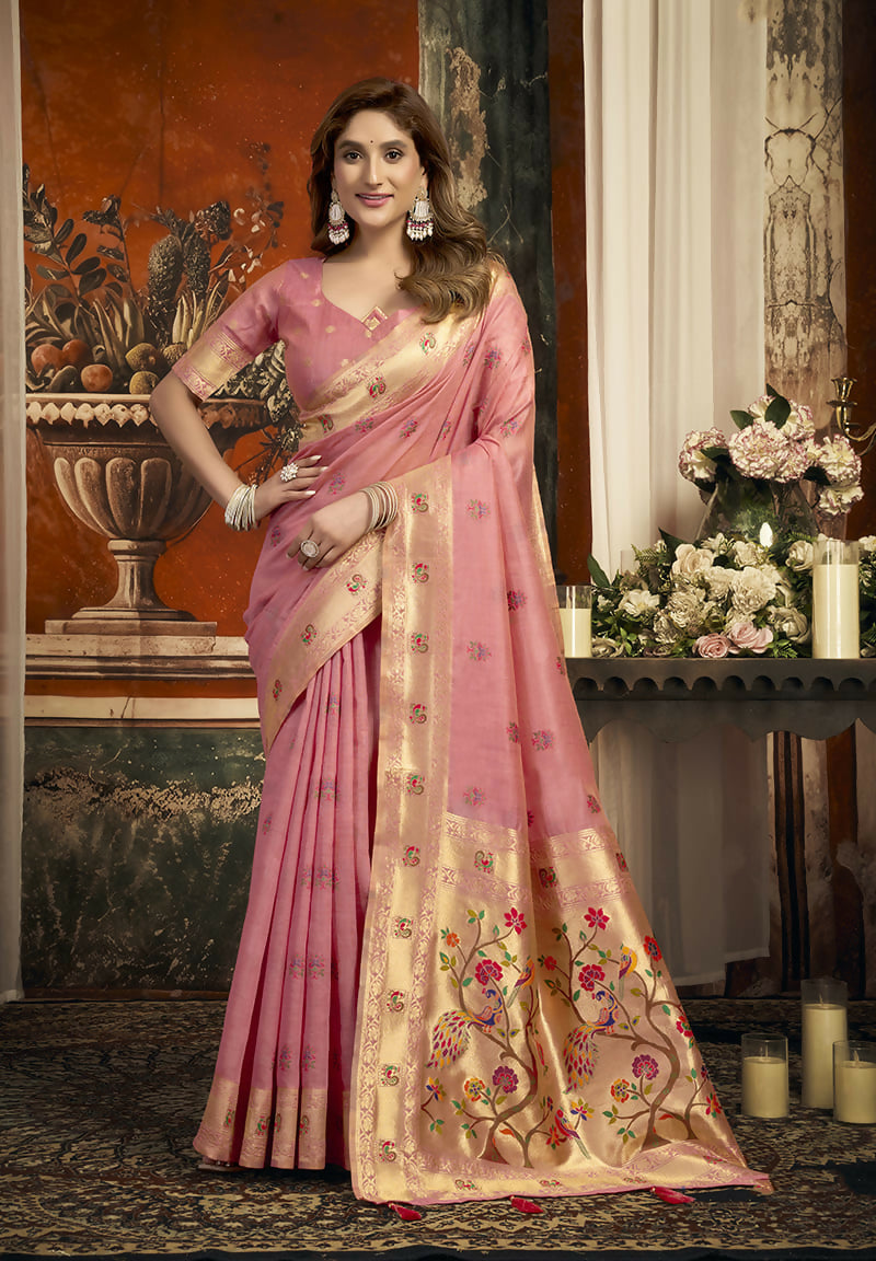 Monjolika Fashion Blush Pink Kota Silk Blend Paithani Saree with Meenakari Floral Bootis
