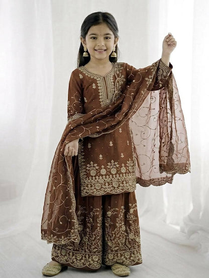 Teeya Creation Girls Heavy Embroidery Brown Ethnic Kurta And Palazzo Set With Net Dupatta