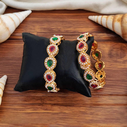 JS Fashion Full Stone High Gold Polish Fancy Style 2 Bangles Set