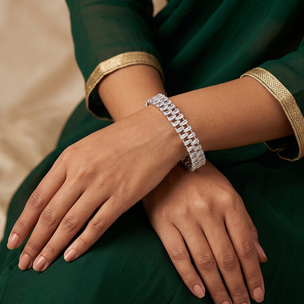JS Fashion Premium White Rhodium Rectangular Stone 2 Bangles