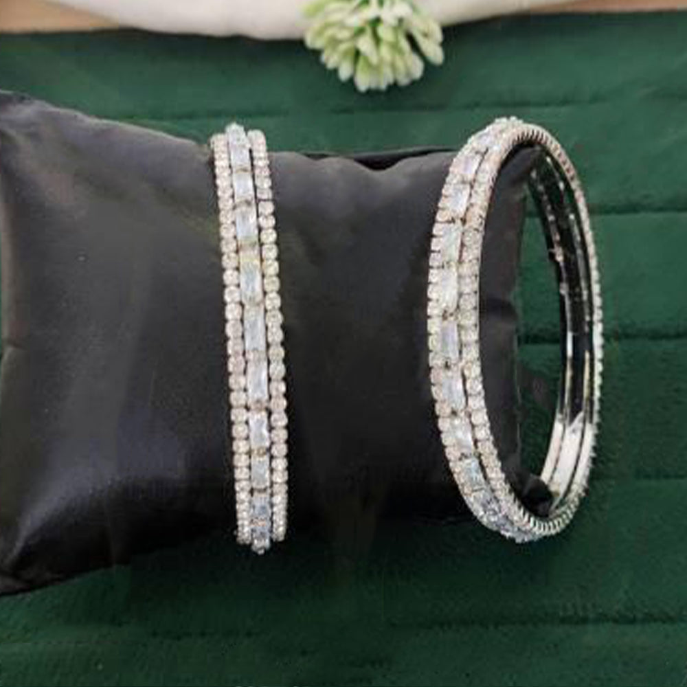 JS Fashion Designer White Rodium American Diamond 2 Bangles Set
