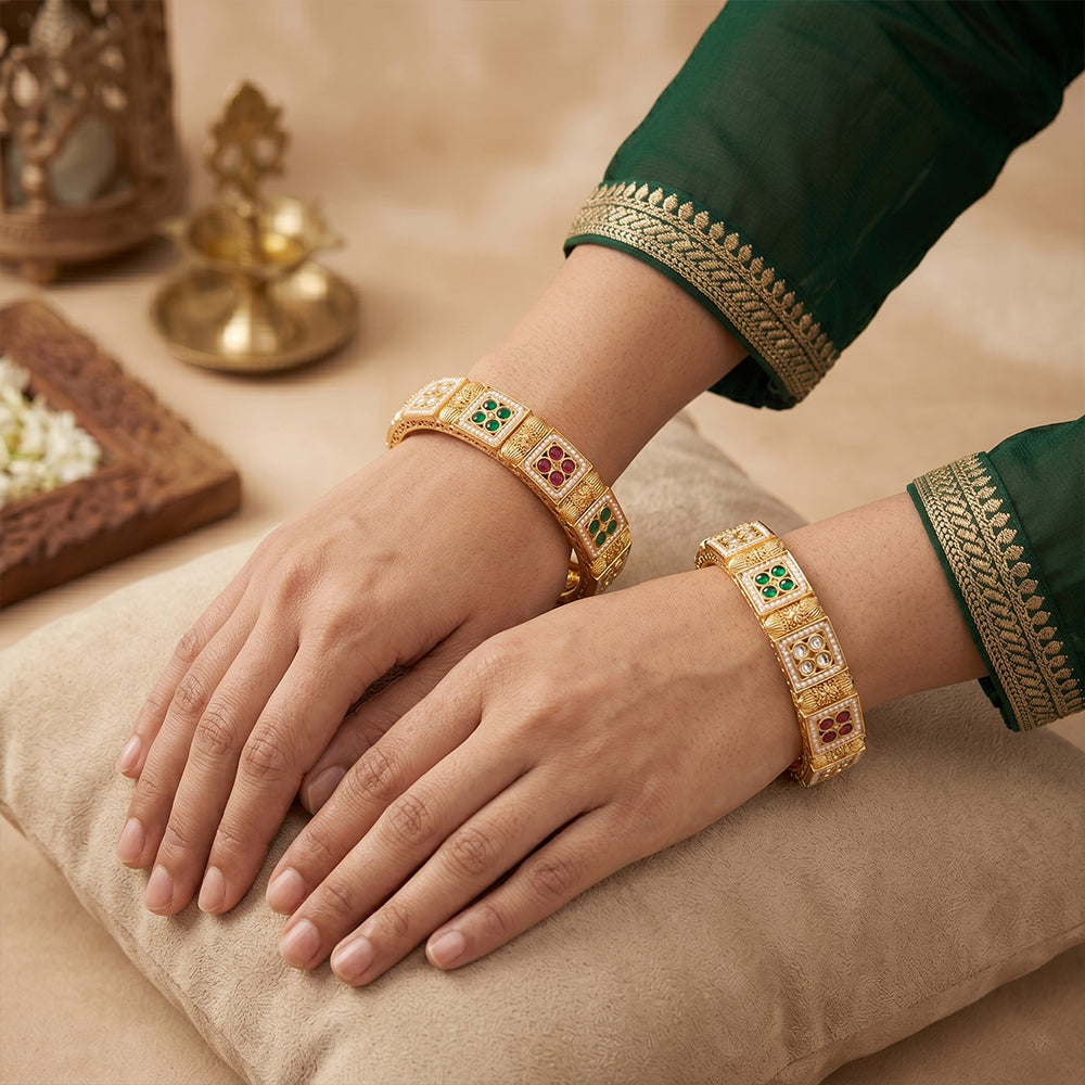 JS Fashion Antique High Gold Bangles With Square Stone Design