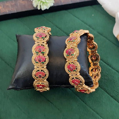 JS Fashion Antique Gold Lotus Design Bangles Set For Women