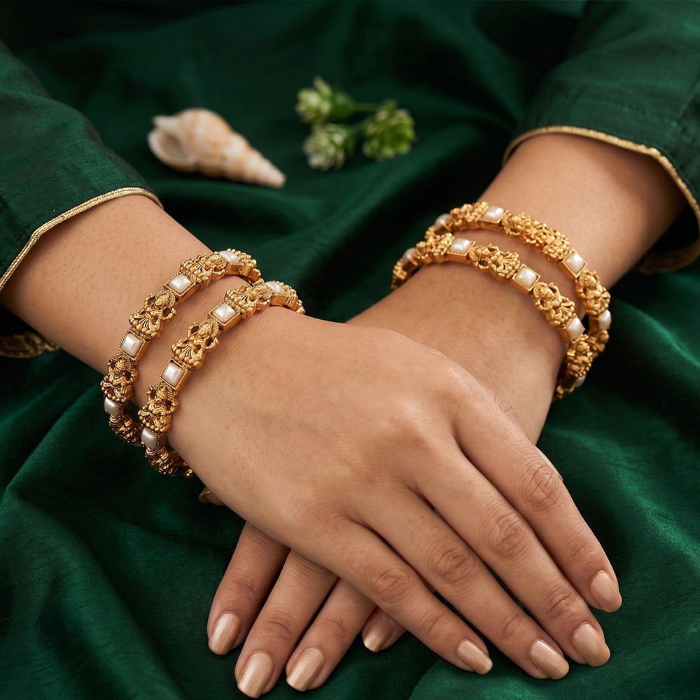 JS Fashion Premium Temple Style Lakshmi Pearl Bangles Set