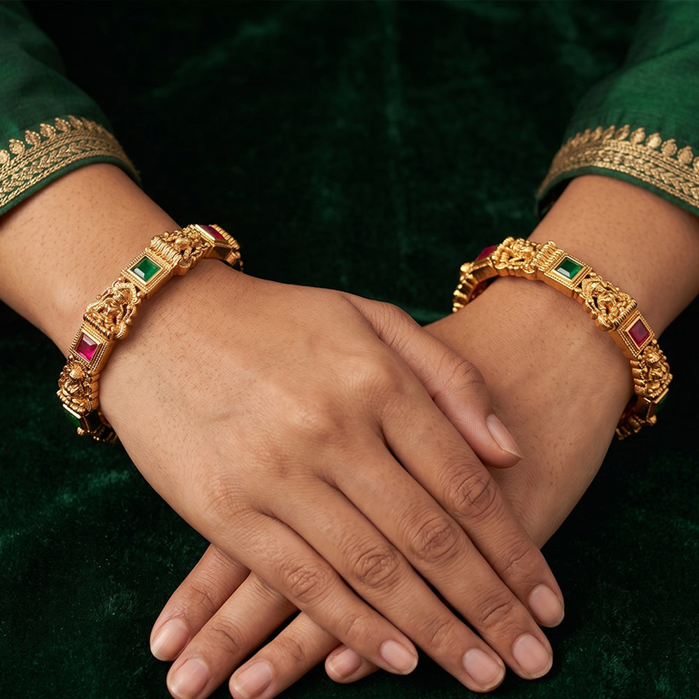 JS Fashion Temple Lakshmi Design Gold Bangles With Stone Work